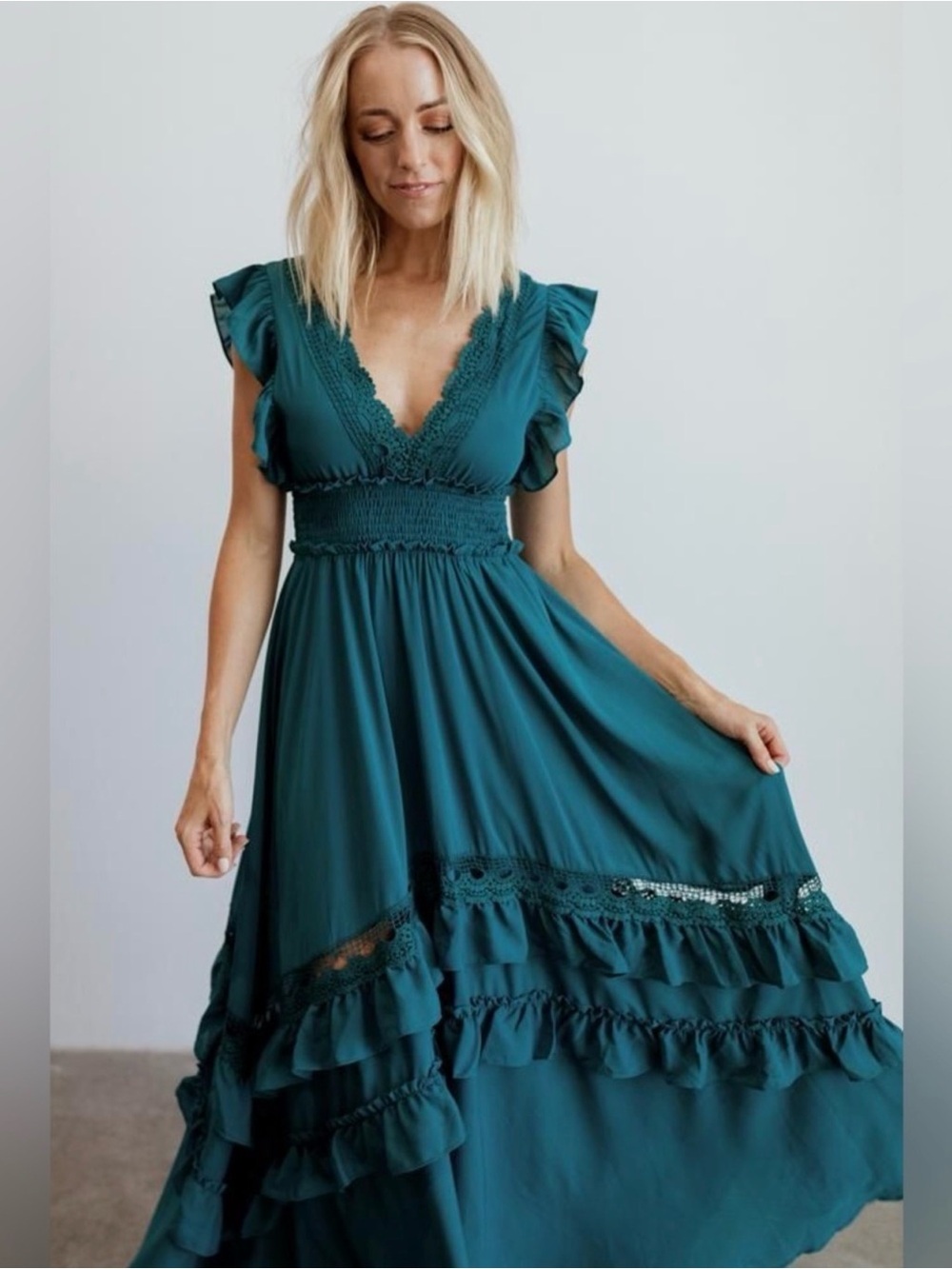 Baltic Born Jasmine Ruffle Maxi Dress Black Lace Trim Smocked Flutter Sleeve M - Picture 15 of 16